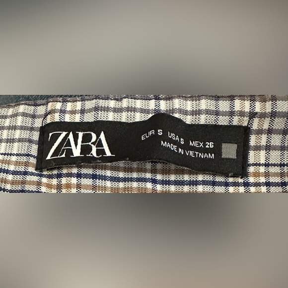 Zara Flat Waist Plaid Tapered Trousers in Navy Tan & Gold - Picture 4 of 6